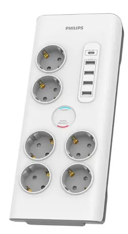 Philips SPN7060WA/58 bílá / Přepěťová ochrana / Schuko / 6 zásuvek / USB-A & USB-C / 2m