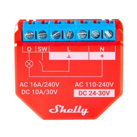 Shelly Plus 1PM červená / Chytrý spínač s měřením spotřeby / 1 kanál / 16A / BT 4.2 / WiFi
