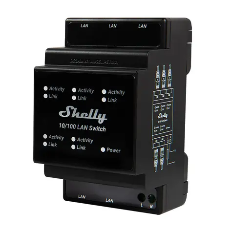 Shelly LAN Switch / Chytrý LAN switch / na elektro DIN lištu / 5x RJ45 / 110–230V