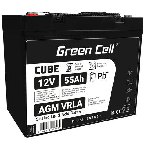 Green Cell bezúdržbová baterie AGM VRLA 12V 55Ah / pro sekačky | lodě | invalidní vozíky a koloběžky