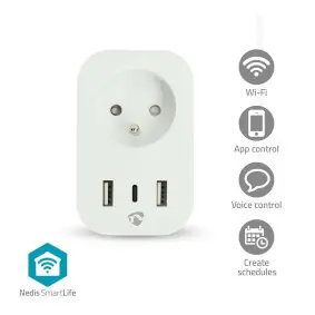 Nedis SmartLife Chytrá Zásuvka / Wi-Fi / IP21 / Měřič výkonu / 3680 W / 1x USB-C / 2x USB 