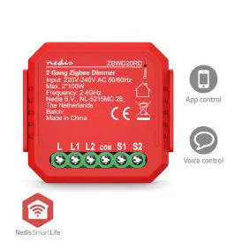 Nedis SmartLife Spínač / Zigbee 3.0 / 2x100 W / Připojení terminálu / Aplikace ke stažení pro: Android & iOS