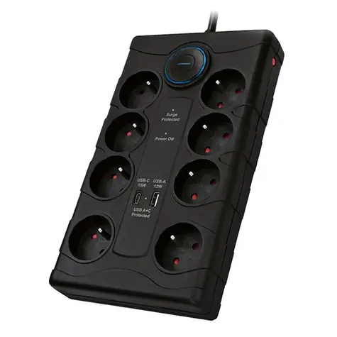 Solight PO80 přepěťová ochrana černá / 370J / 8 zásuvek / 2m