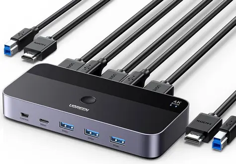 UGREEN CM664 HDMI KVM switch černá / přepínač / 3x USB-A / 2x USB-B / 2x USB-C / 3xHDMI / micro USB 