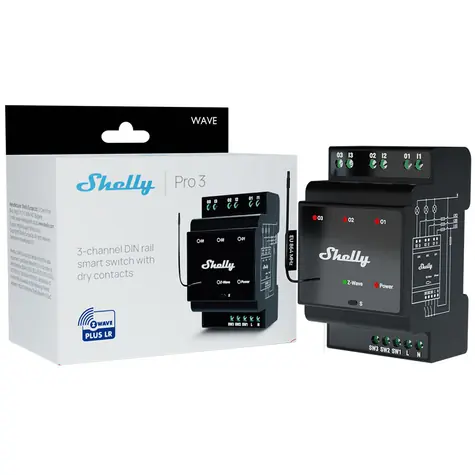 Shelly Wave Pro 3 LR spínací modul na DIN lištu / 3x 16A