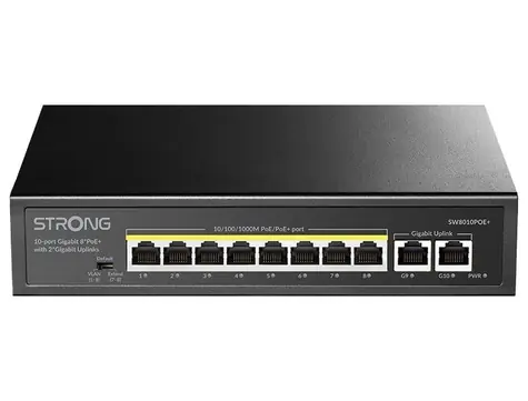 STRONG SW8010POE+ / Switch / 8x GbE RJ-45 / 2x GbE RJ-45 Uplink / PoE+ 802.3af/at / 20Gbps