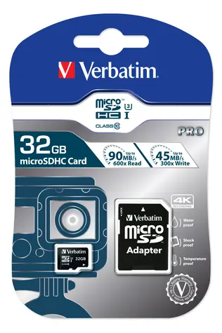 Verbatim microSDHC Pro 32GB + Adaptér / Paměťová karta / UHS-I (U3) / Class 10 / až 90MBs
