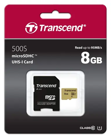 Transcend 500S Micro SDHC 8GB + adaptér / UHS-I / U1 / V30 / R: 95MBs / W: 60MBs