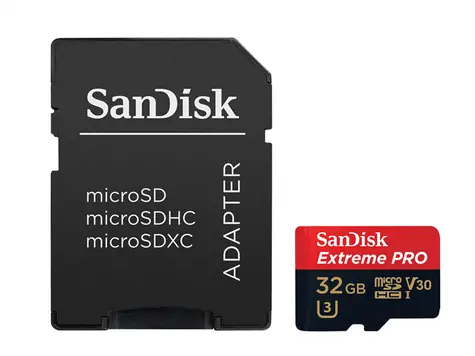 SanDisk Extreme PRO microSDHC 32GB + adaptér / UHS-I U3 V30 / čtení: 100 MBs / zápis: 90 MBs / vhodné pro 4K