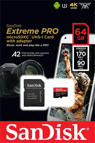 SanDisk Extreme Pro microSDXC 64GB / UHS-I U3 V30 / čtení: 170 MBs / zápis: 90MBs / vhodné pro 4K