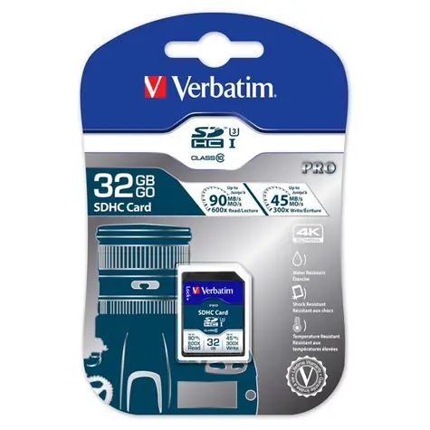 Verbatim SDHC 32GB pamětová karta Pro U3 / UHS-III / U3 / R: 90MBps / W: 45MBps / vhodné pro 4K