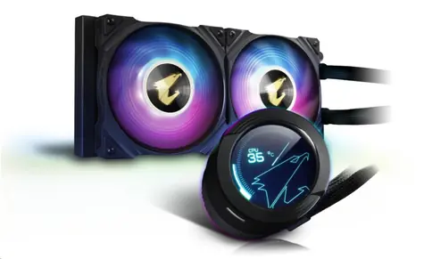 GIGABYTE AORUS WATERFORCE X 240 / 2x 120 mm / Graphene Nano / 37.6 dB / 60 CFM / 800-2500 RPM / RGB / Intel + AMD