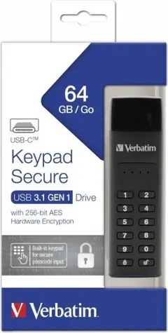 Verbatim Keypad Secure Drive 64 GB  / USB C 3.2 Gen 1 / R:160 MBs / W:140 MBs