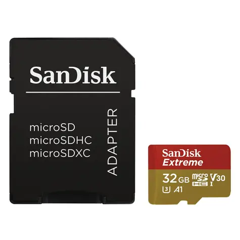 SanDisk Extreme microSDHC 32GB + adaptér / Class 10 / UHS-I / U3 / čtení: až 100MBs / zápis: až 60MBs / vhodné pro 4K