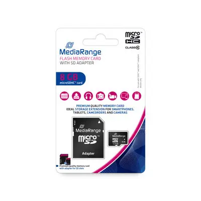 MediaRange microSDHC 8GB + SD adaptér / Class 10 / R: 15MBs / W: 10 MBs 