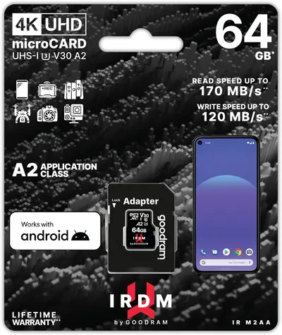 GOODRAM IRDM M2AA microSDXC 64GB + SD adaptér / Class 10 / UHS I / U3 / A2 / V30 / R: až 170 MBps / W: až 120 MBps