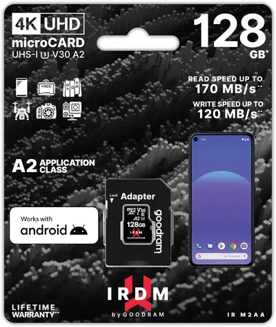 GOODRAM IRDM M2AA microSDXC 128GB + SD adaptér / Class 10 / UHS I / U3 / A2 / V30 / R: až 170 MBps / W: až 120 MBps