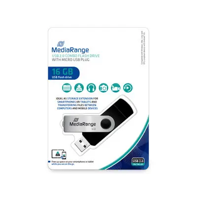 MediaRange MR931-2  USB-Stick 16GB stříbrná / USB 2.0 Type A / Rychlost čtení 15 MB/s / Rychlost zápisu 5 MB/s / Hliník