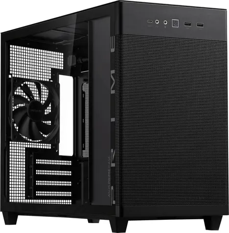 ASUS AP201 PRIME (průhledná bočnice) černá / M-ATX / 2xUSB-A + 1xUSB-C / 1x 120 mm / bez zdroje