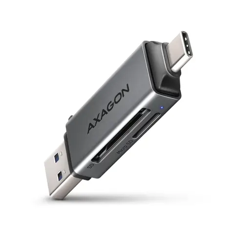 AXAGON CRE-DAC, USB-C + USB-A 3.2 Gen 1 - MINI čtečka karet, 2-slot & lun SD/microSD, podpora UHS-I