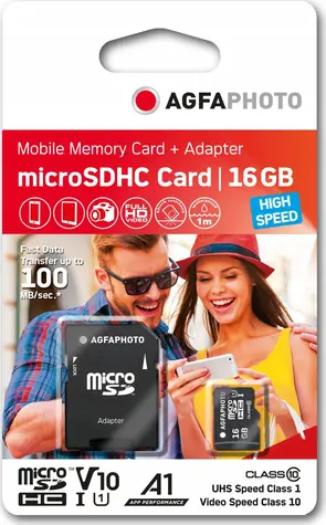 AgfaPhoto MicroSDHC 16GB + Adaptér / R:80 MB/s / W:15 MB/s / Class 10 