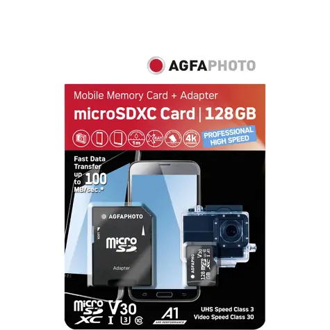 AgfaPhoto MicroSDXC Professional 128GB + Adaptér / R:100 MB/s / W:95 MB/s / Class V30 