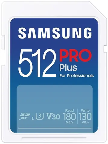 SAMSUNG PRO Plus SDXC 512 GB / Class 10 / U3 / čtení: až 180MBs / zápis: až 130MBs / vhodné pro 4K