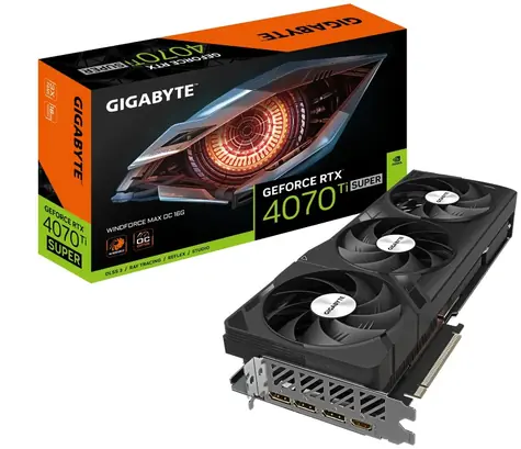 GIGABYTE GeForce RTX 4070 Ti SUPER WINDFORCE MAX OC 16G / 2340-2625 MHz / 16GB GDDR6X / 256-bit / 1x HDMI + 2x DP