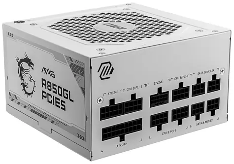 MSI MAG A850GL PCIE5 bílá / 850W / 120mm / ATX3.0 / aktivní PFC / 80PLUS Gold 