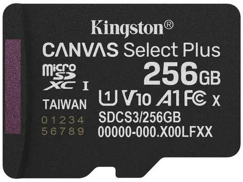 Kingston Canvas Select Plus Gen3 microSDXC 256GB / UHS-I V30 / U3 / Class 10 / čtení: až 150MBs / zápis: až 150 MBs