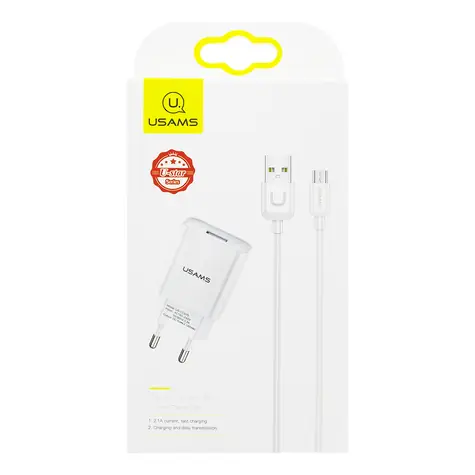USAMS T21 USB 2A Cestovní Nabíječka + microUSB Kabel bílá
