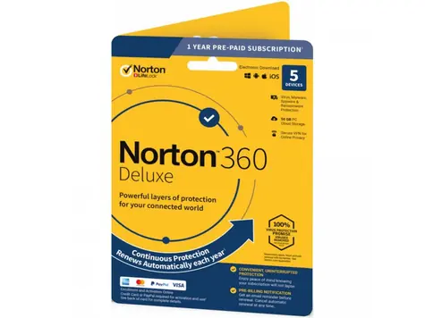 Norton 360 Deluxe - licence na předplatné (1 rok) - 5 zařízení / cloudové úložiště 50 GB - stažení - ESD