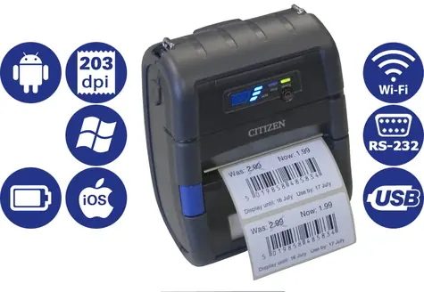 Citizen CMP-30L / mobilní / 80mm / Termotiskárna / 203dpi / USB / RS232 / Wi-Fi / CPCL / černý