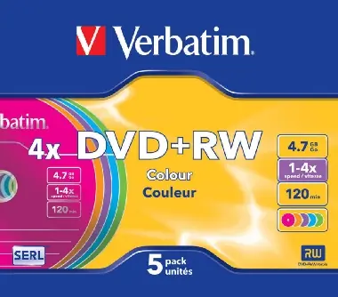 Verbatim DVD+RW Colour / 4.7GB / 4x / 5ks slim case