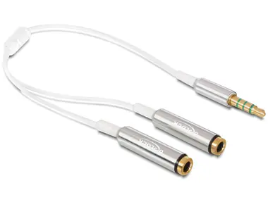 Delock adaptér stereo jack 3,5 mm samec,4 pin > 2 x stereo jack 3,5 mm samice,4 pin / 25cm / bílý / stříbrný