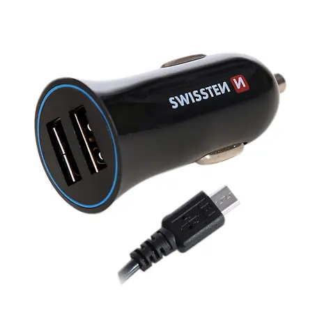 SWISSTEN CL adaptér 2x USB 2.4A + kabel microUSB / autonabíječka / černý
