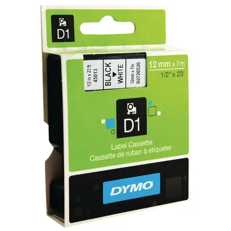 Dymo originální páska do tiskárny štítků, Dymo, 45013, S0720530, černý tisk/bílý podklad, 7m, 12mm, D1