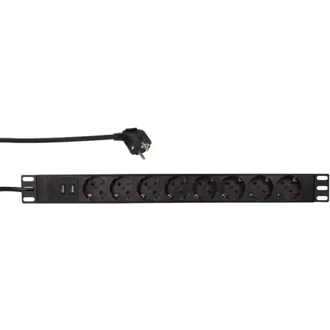 LogiLink PDU8C02 černá / Vícenásobná zásuvka pro server / 8x Zásuvka typ F / 2x USB-A / 2m / až 3500W