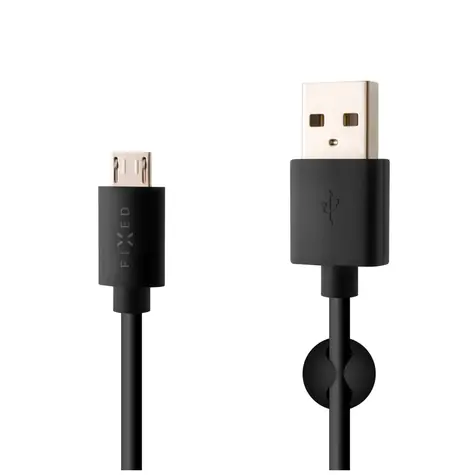 FIXED Datový a nabíjecí kabel s konektorem MicroUSB černá / 2.4A / držák a stahovací pásek v balení