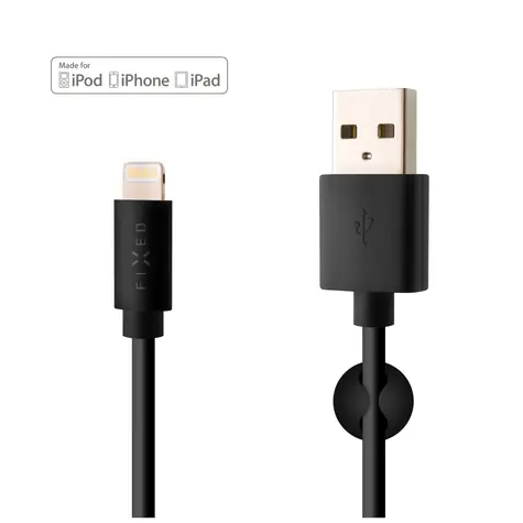 FIXED Datový a nabíjecí kabel s konektorem Lightning černá / 2.4A / držák a stahovací pásek v balení