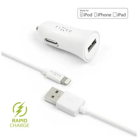 FIXED Autonabíječka s odnímatelným Lightning kabelem bílá / 2.4A