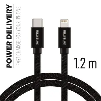 SWISSTEN TEXTILE datový kabel USB-C - Lightning 1.2m černá