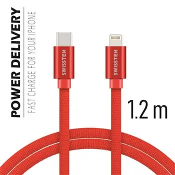 SWISSTEN TEXTILE datový kabel USB-C - Lightning 1.2m červená