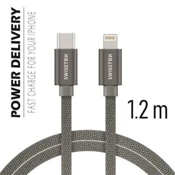 SWISSTEN TEXTILE datový kabel USB-C - Lightning 1.2m šedá