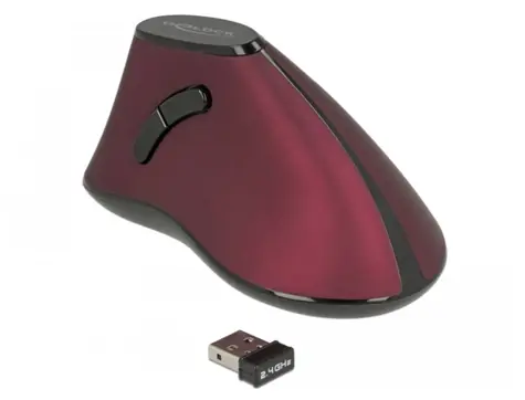 Delock ergonomická vertikální myš červená / Optický senzor / bezdrátová / 1000 DPI / 4 tlačítka / 1xAA