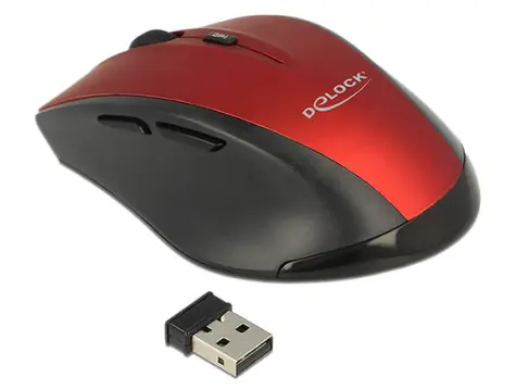 Delock ergonomická optická myš červená / Optický senzor / bezdrátová / 1600 DPI / 5 tlačítek / 1xAA