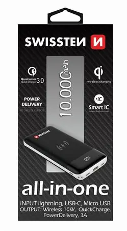 SWISSTEN ALL-IN-ONE 10000 mAh černá / Power Bank / bezdrátové nabíjení 10W / 5V / 1.5A / USB-C vstup