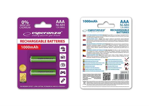 Esperanza Nabíjecí baterie AAA zelená / 1.2V / 1000mAh / Ni-MH / 2 ks / v blisteru