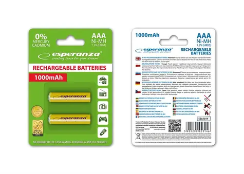 Esperanza Nabíjecí baterie AAA žlutá / 1.2V / 1000mAh / Ni-MH / 2 ks / v blisteru