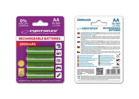 Esperanza Nabíjecí baterie AA zelená / 1.2V / 2000mAh / Ni-MH / 4 ks / v blisteru